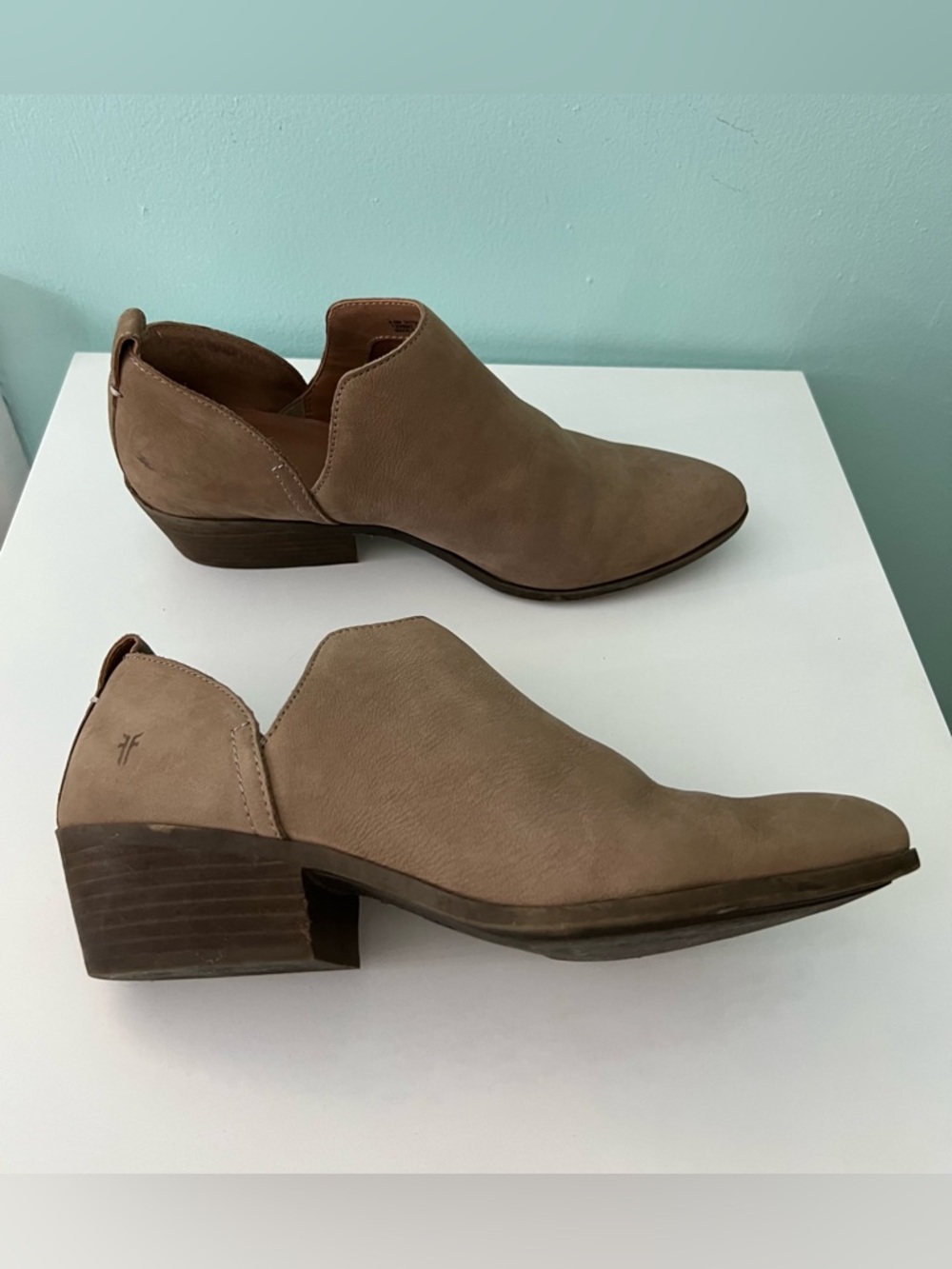 Frye Taupe Suede Low Heel Cutout Ankle Booties